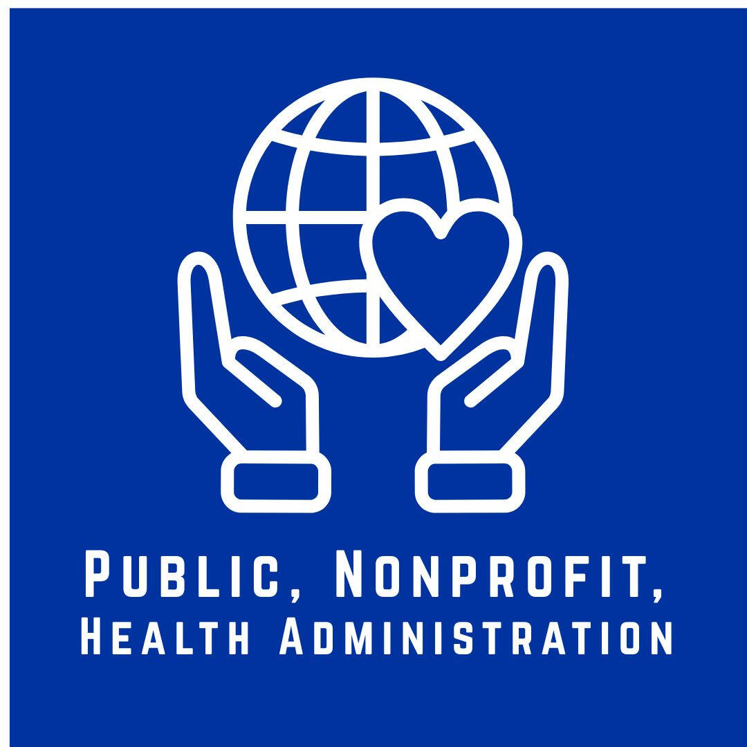 blue logo for public, nonprofit, health administration major, image is a drawing of hands holding up the globe